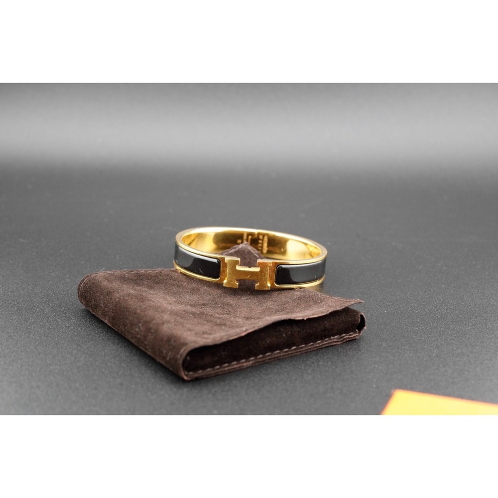 Hermes Clic H Bracelet Narrow Black Enamel Gold Plated Hardware w/ Box & Pouch